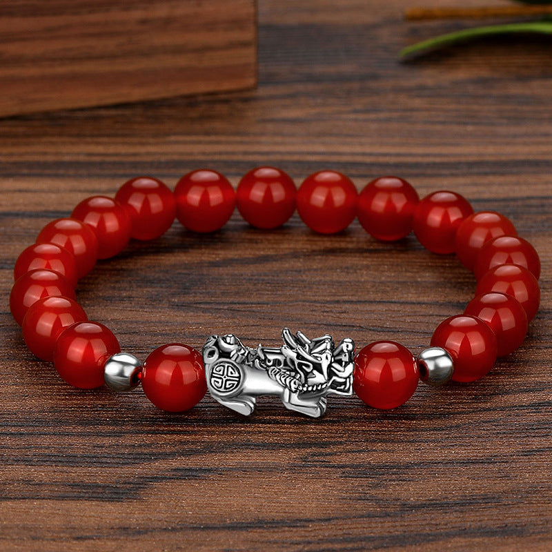 Pulsera de la suerte de plata antigua con cuentas de obsidiana