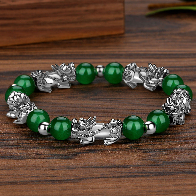 Pulsera de la suerte de plata antigua con cuentas de obsidiana