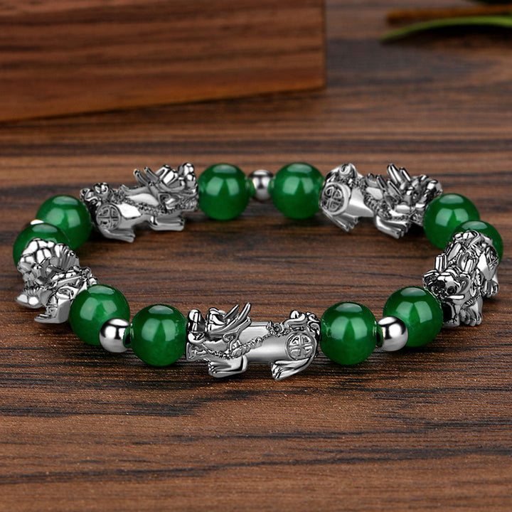 Pulsera de la suerte de plata antigua con cuentas de obsidiana