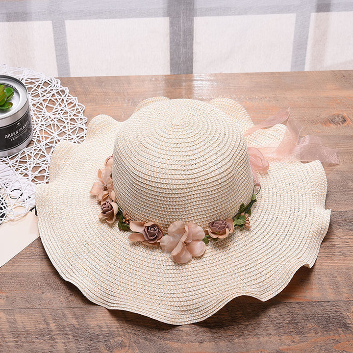 Sombrero de mujer Sombrero de sol con flor de ola grande Sombrero de sol para playa al aire libre Sombrero de paja con protector solar