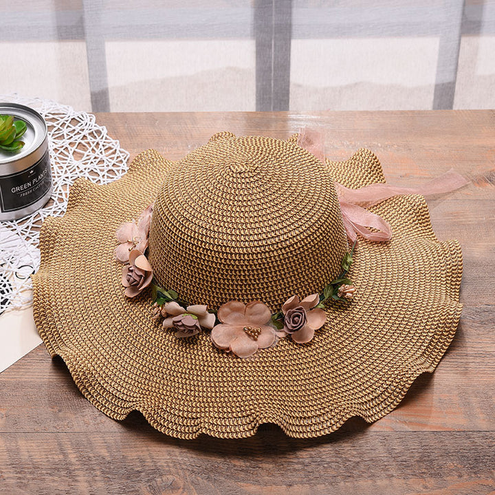 Sombrero de mujer Sombrero de sol con flor de ola grande Sombrero de sol para playa al aire libre Sombrero de paja con protector solar