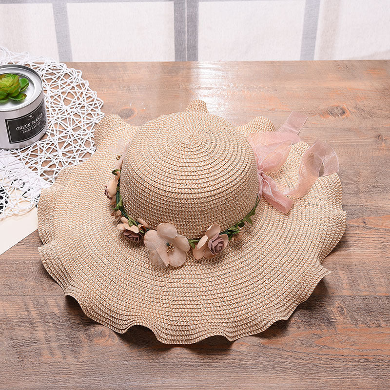 Sombrero de mujer Sombrero de sol con flor de ola grande Sombrero de sol para playa al aire libre Sombrero de paja con protector solar