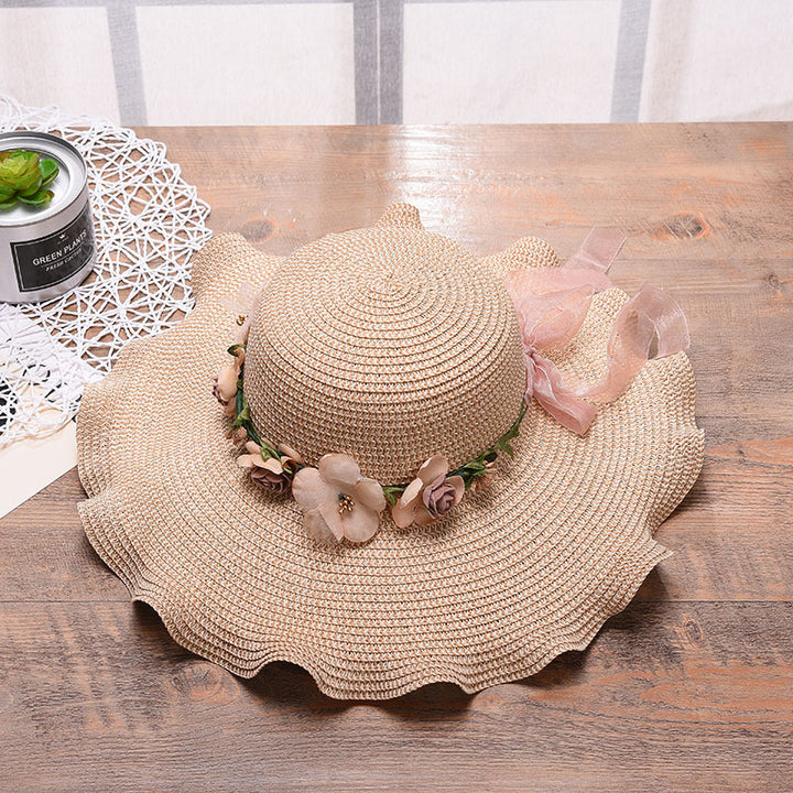 Sombrero de mujer Sombrero de sol con flor de ola grande Sombrero de sol para playa al aire libre Sombrero de paja con protector solar