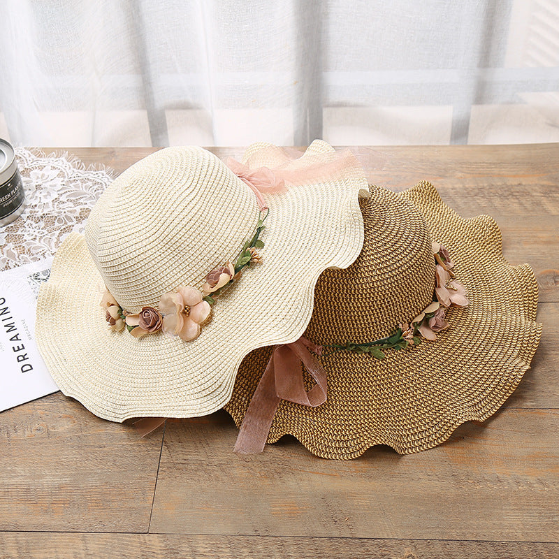 Sombrero de mujer Sombrero de sol con flor de ola grande Sombrero de sol para playa al aire libre Sombrero de paja con protector solar