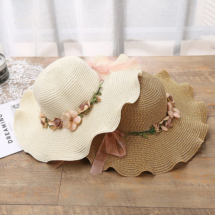Sombrero de mujer Sombrero de sol con flor de ola grande Sombrero de sol para playa al aire libre Sombrero de paja con protector solar