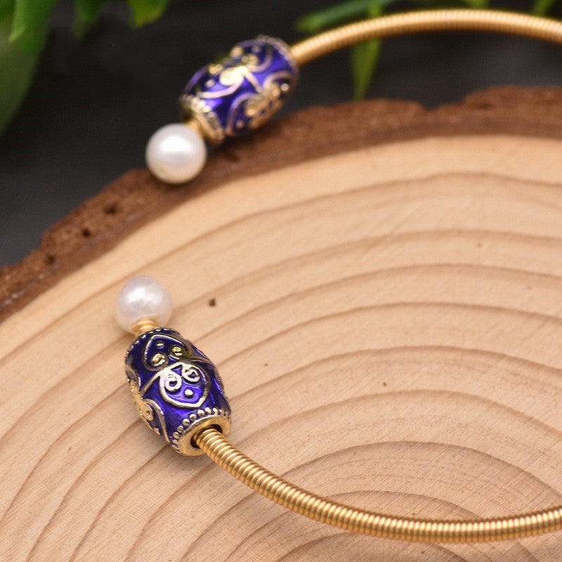 Pulsera Elástica de Perlas Barrocas Moradas y Cristales