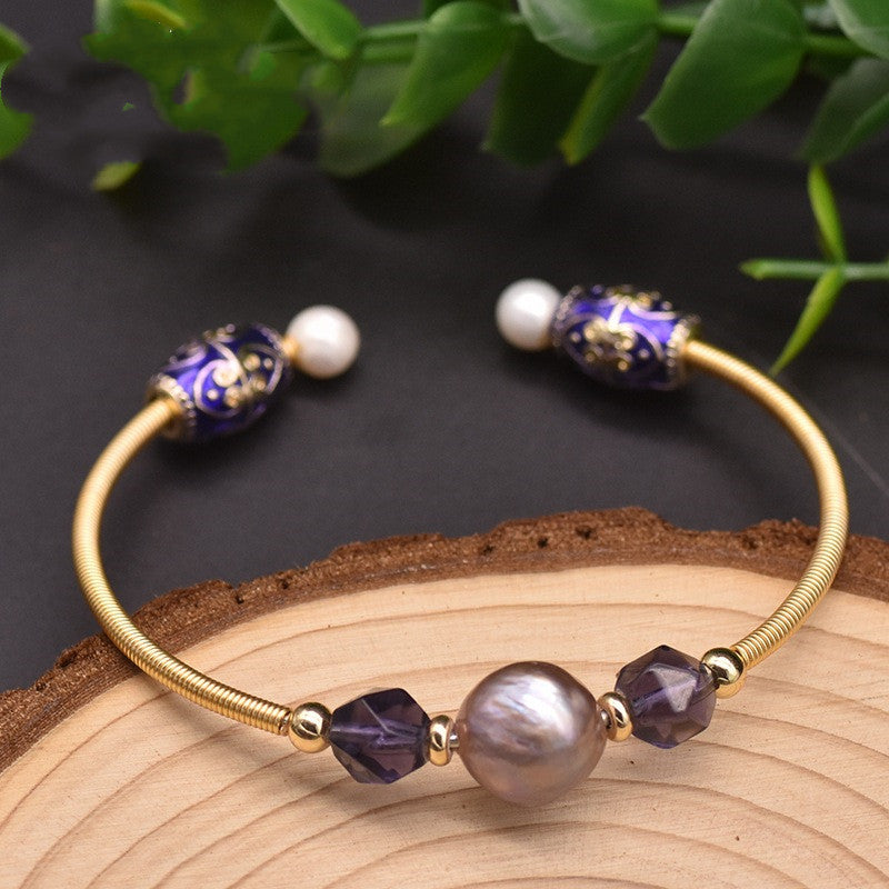 Pulsera Elástica de Perlas Barrocas Moradas y Cristales
