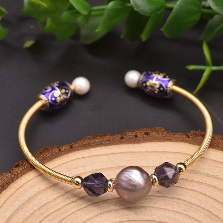 Pulsera Elástica de Perlas Barrocas Moradas y Cristales