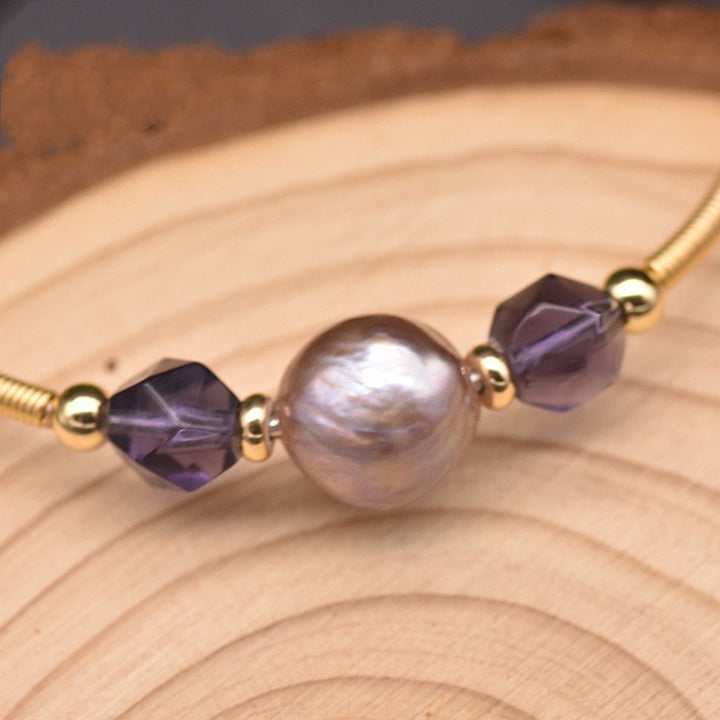 Pulsera Elástica de Perlas Barrocas Moradas y Cristales