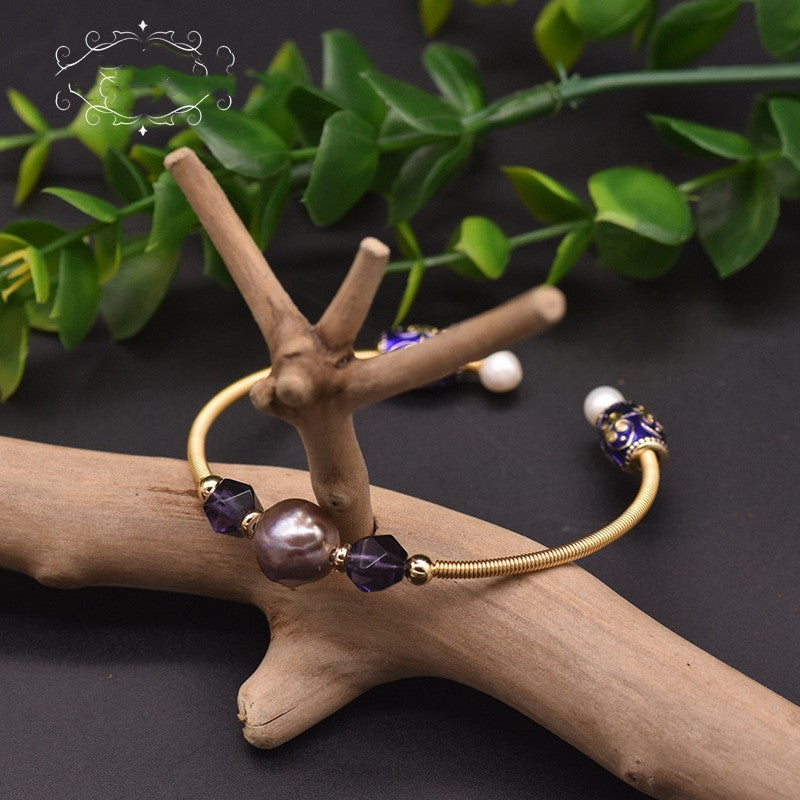 Pulsera Elástica de Perlas Barrocas Moradas y Cristales