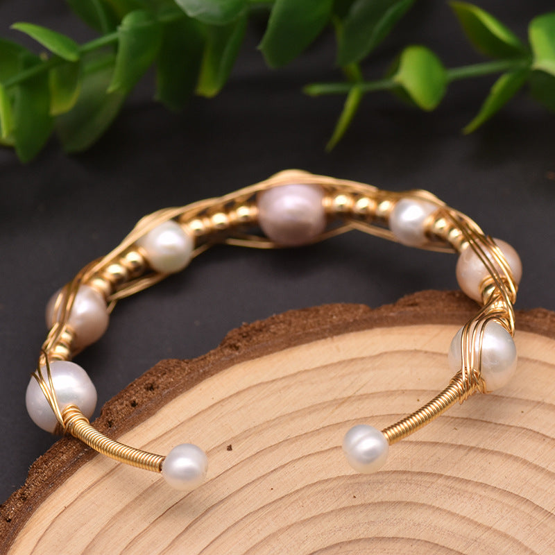 Pulsera elástica de perlas naturales de agua dulce, hecha a mano