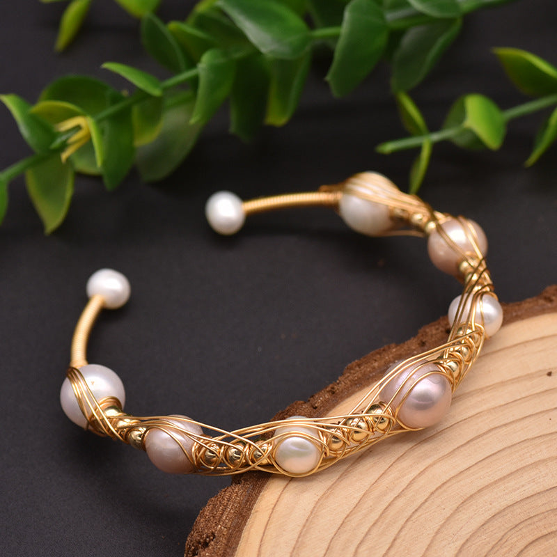 Pulsera elástica de perlas naturales de agua dulce, hecha a mano
