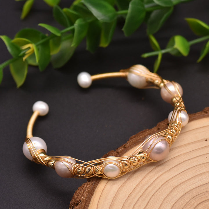 Pulsera elástica de perlas naturales de agua dulce, hecha a mano