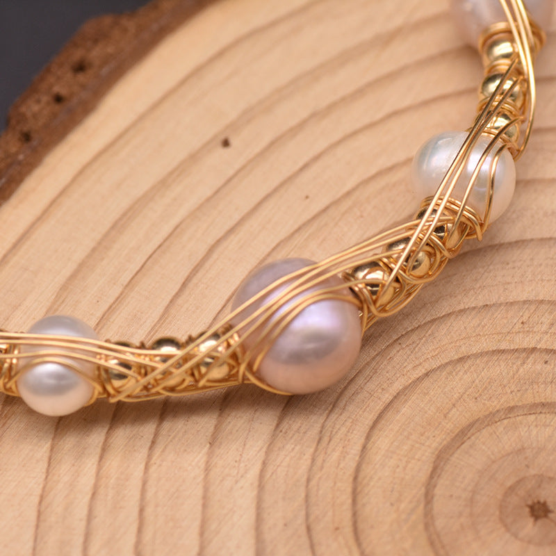 Pulsera elástica de perlas naturales de agua dulce, hecha a mano