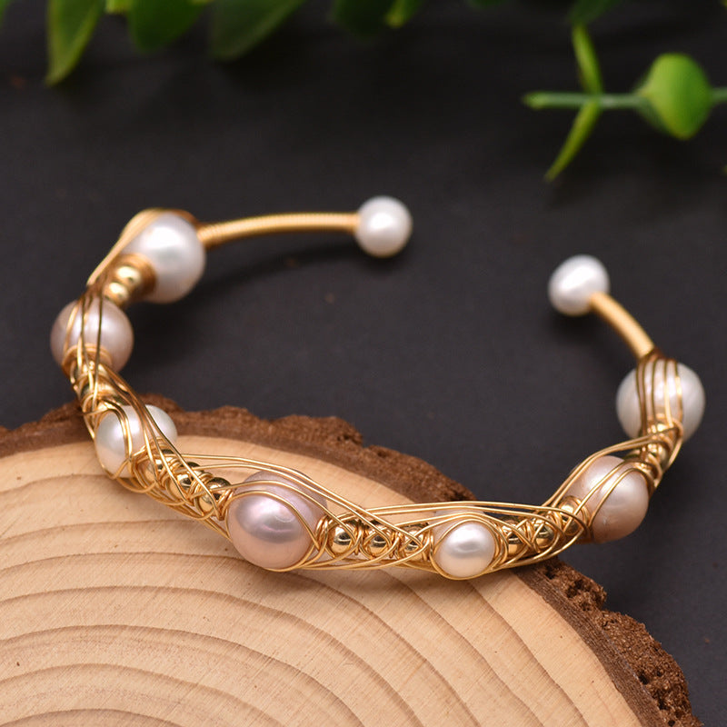 Pulsera elástica de perlas naturales de agua dulce, hecha a mano