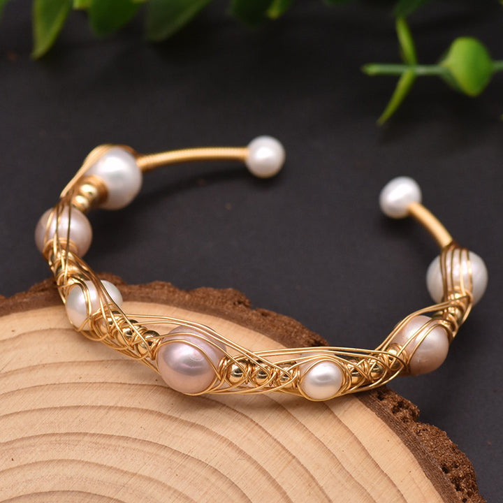 Pulsera elástica de perlas naturales de agua dulce, hecha a mano