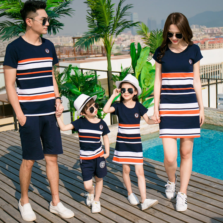 Vestido de Madre de Manga Corta Familia de Tres y Cuatro Ropa de Padre e Hijo de Primavera