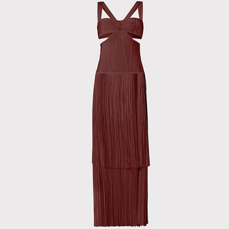Retro Spaghetti Straps Slim Bandage Tassel Long Event Dress