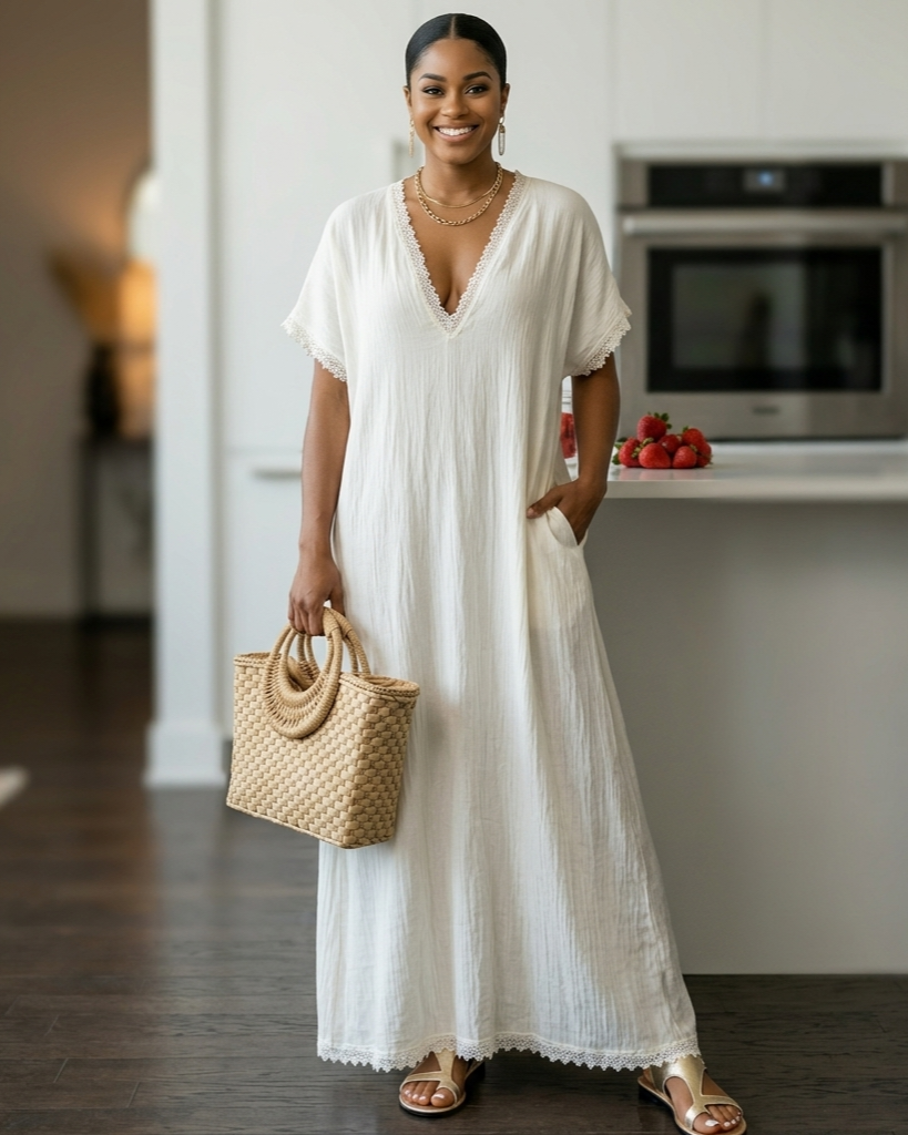 European And American Style Casual Elegant Comfortable Lace-trimmed Loose Linen Cotton Long Dress - Shop Savvy Styles