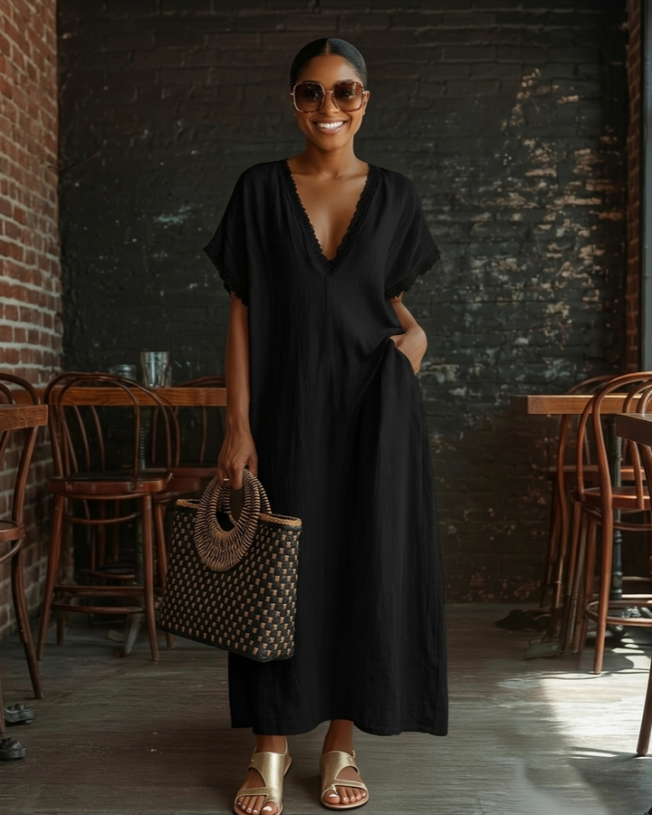 European And American Style Casual Elegant Comfortable Lace-trimmed Loose Linen Cotton Long Dress - Shop Savvy Styles