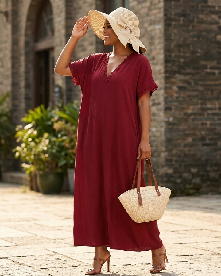 European And American Style Casual Elegant Comfortable Lace-trimmed Loose Linen Cotton Long Dress - Shop Savvy Styles