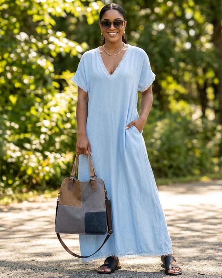 European And American Style Casual Elegant Comfortable Lace-trimmed Loose Linen Cotton Long Dress - Shop Savvy Styles