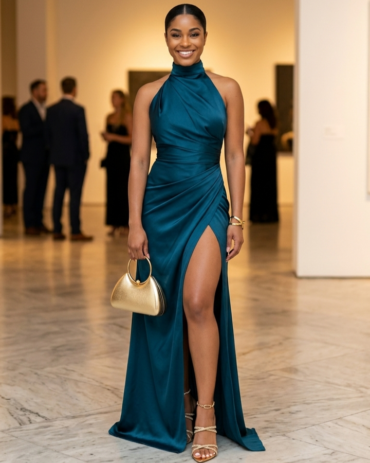Woman in a teal evening gown with a high slit, holding a gold handbag, in an indoor setting.