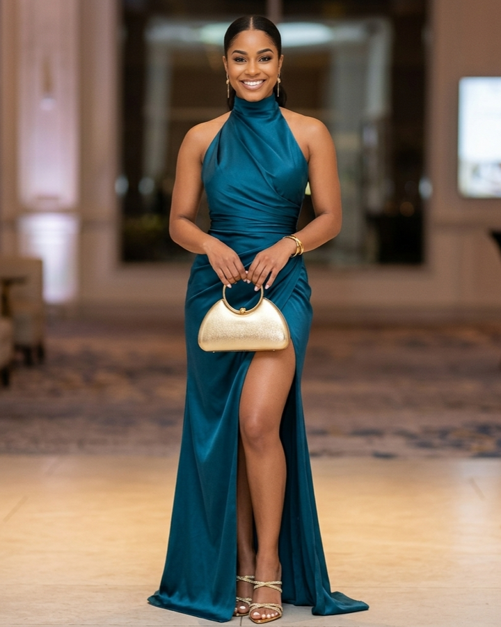 Vestido de noche de satén con cuello alto, elegante vestido largo formal sin mangas para mujer