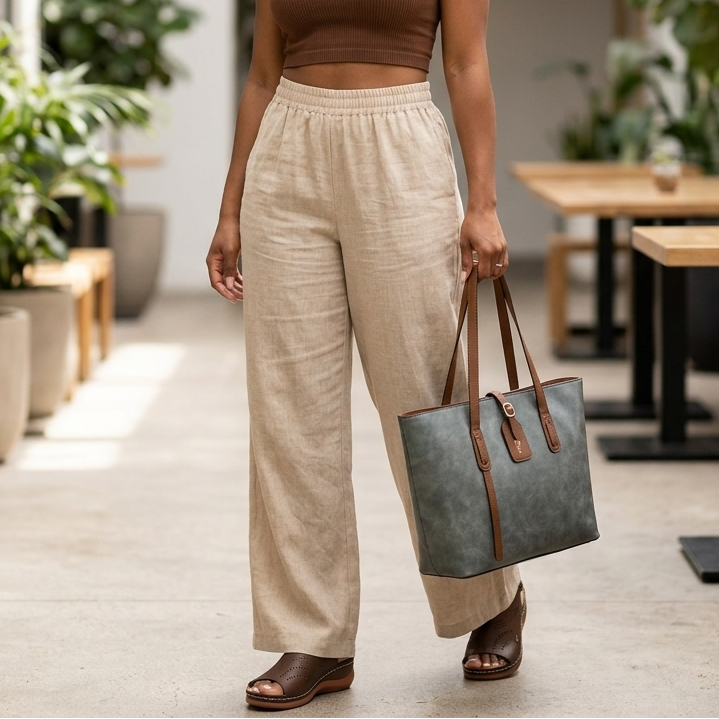 Woman walking through a modern indoor setting with plants and tables, holding a blue handbag.