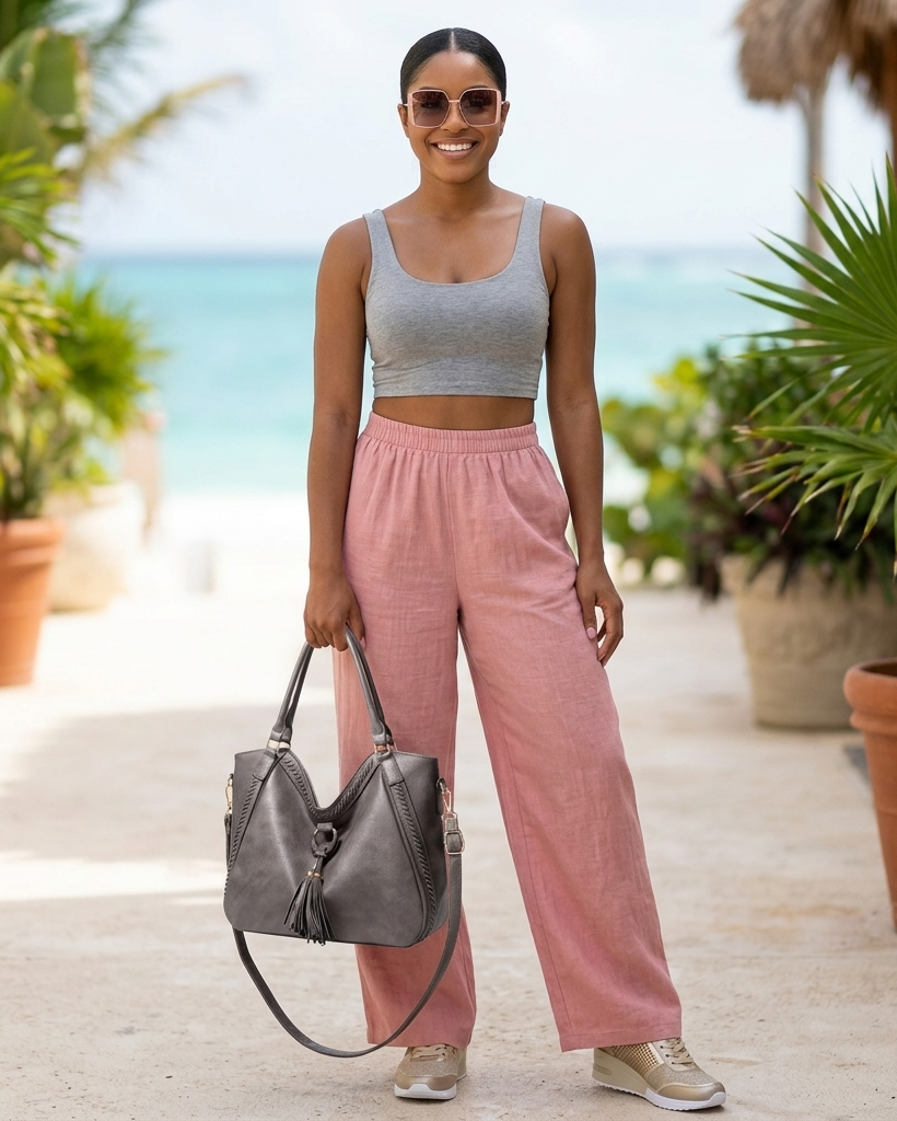 Woman in gray tank top and pink pants holding a gray handbag on a sunlit path with plants and ocean view.