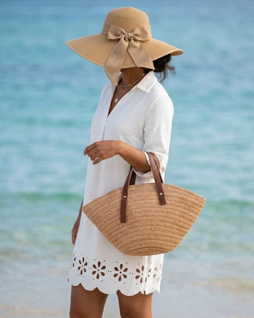 Woman in a white dress with a large straw hat and bag standing by the ocean.