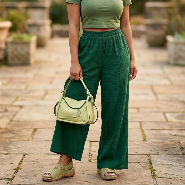 Woman in green outfit holding a green handbag in an outdoor setting