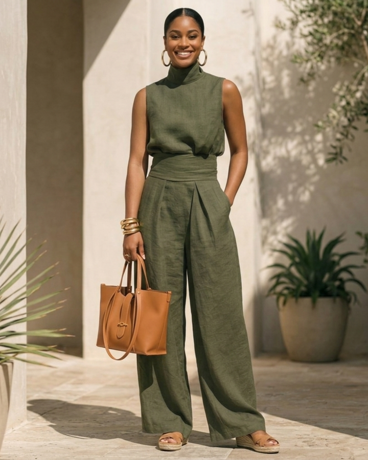 Casual Sleeveless Suit Summer Stand-up Collar Pullover Top And Loose Straight-leg Trousers Women&