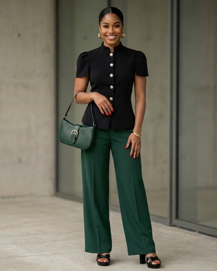 Woman wearing a black top with white buttons and green pants, holding a green handbag.