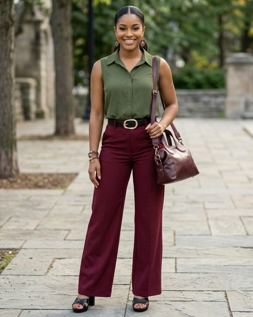 Woman in green sleeveless top and maroon pants holding a brown handbag outdoors.