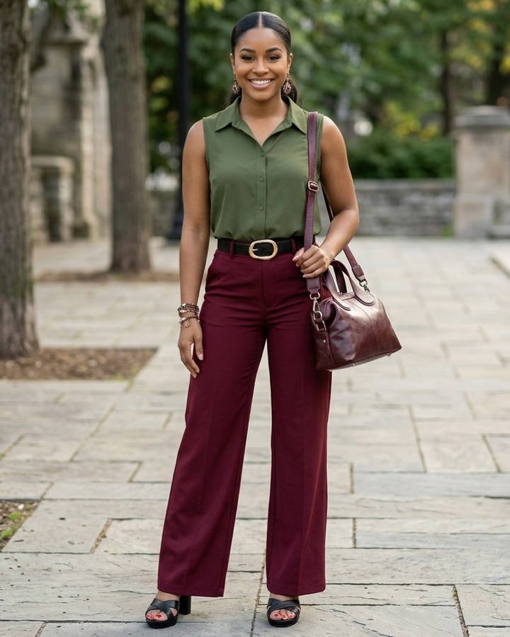 Woman in green sleeveless top and maroon pants holding a brown handbag outdoors.