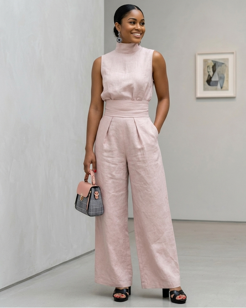 Woman wearing a pink jumpsuit holding a handbag in an indoor setting.