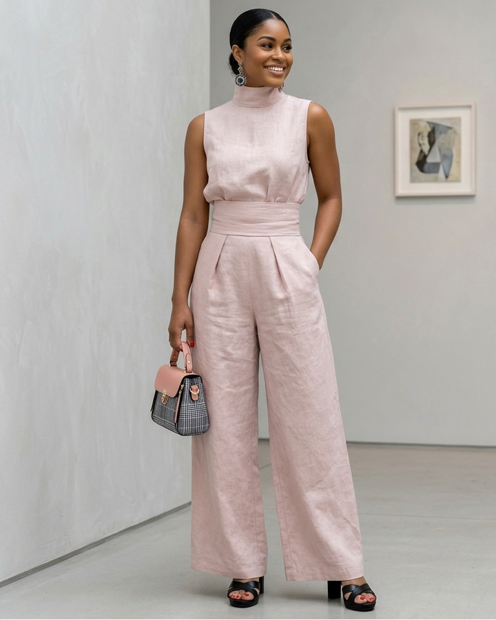 Woman wearing a pink jumpsuit holding a handbag in an indoor setting.