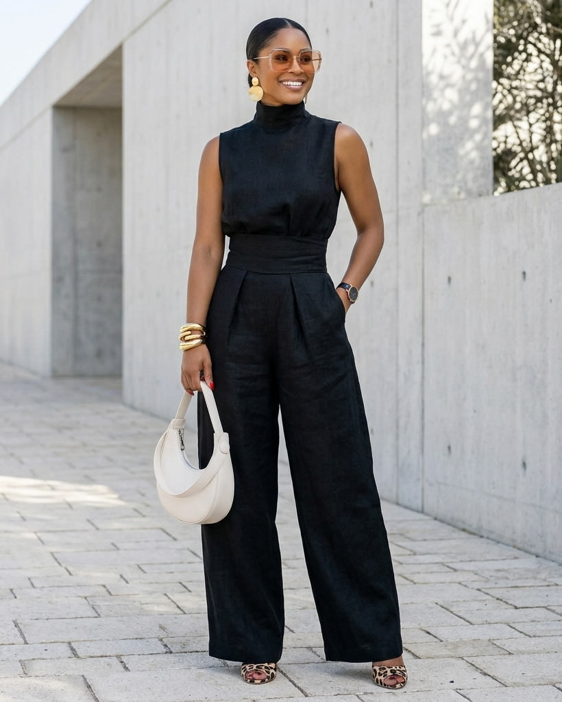 Woman in a black sleeveless jumpsuit holding a white handbag against a light-colored wall.