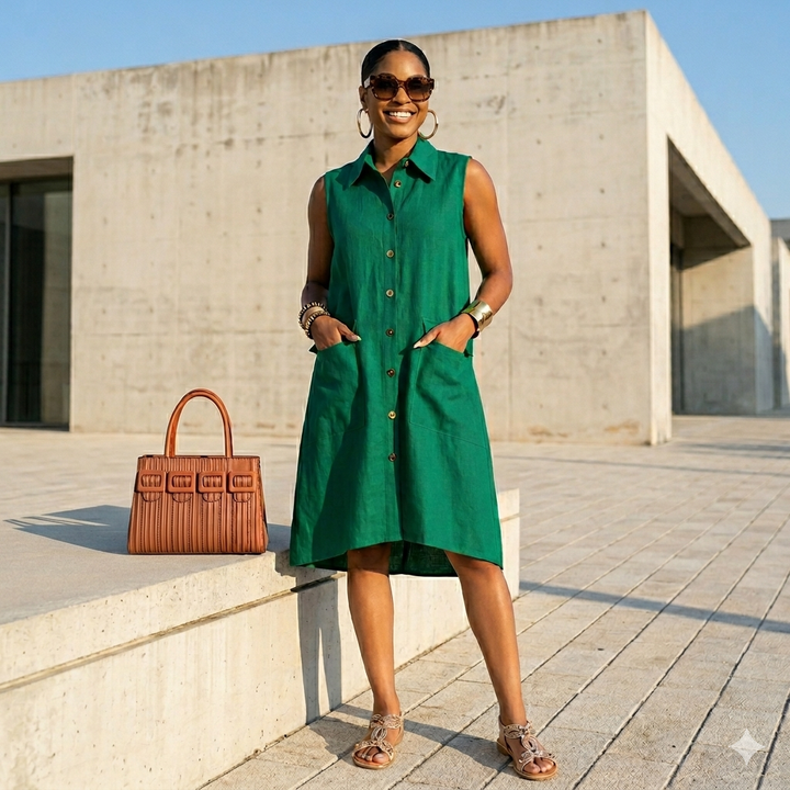 Woman in a green dress standing outdoors with a brown handbag.