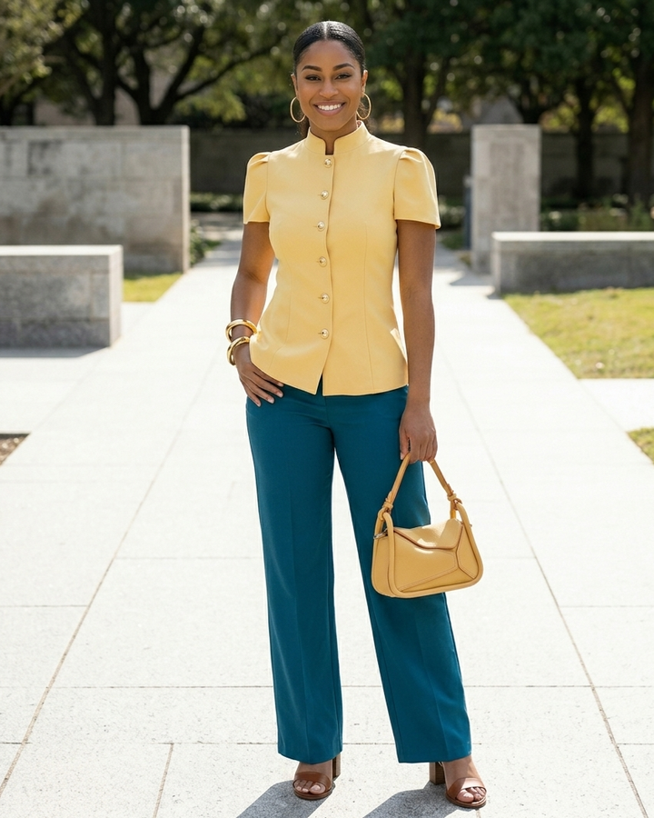 Woman in yellow blouse and teal pants holding a yellow handbag outdoors.