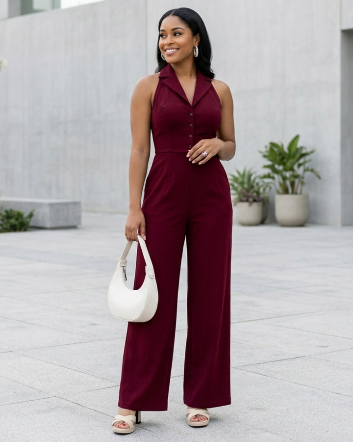 Burgundy Backless Lace-up Sleeveless Jumpsuit