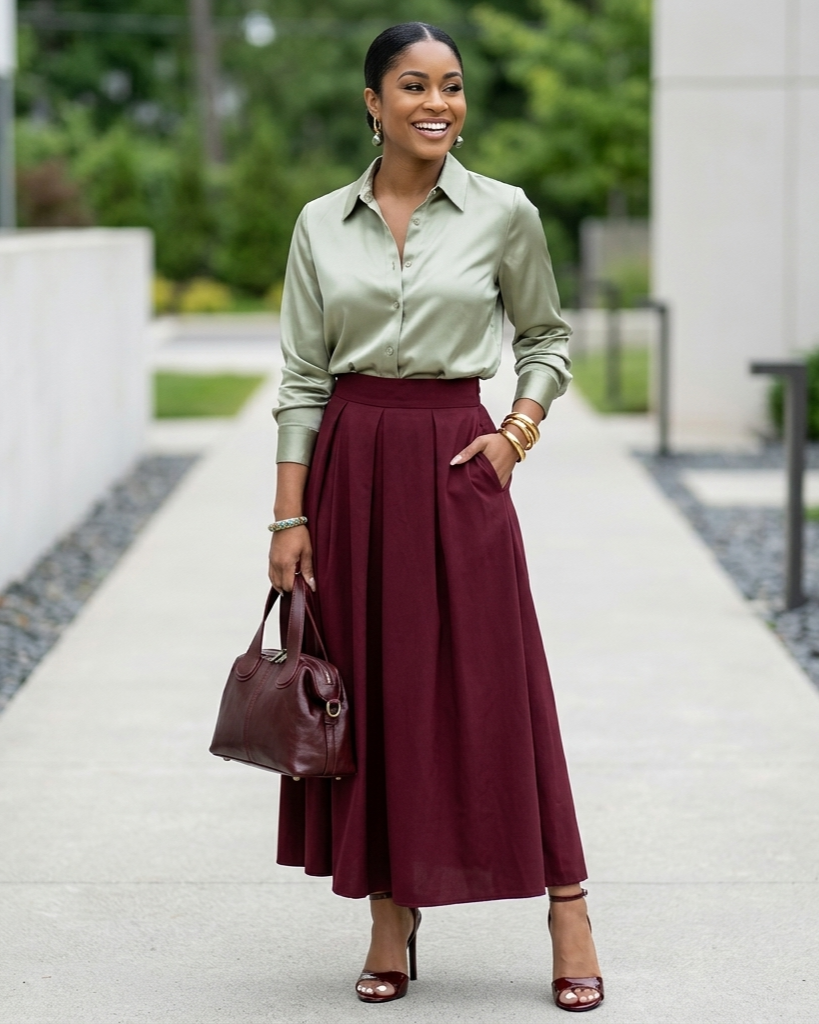 Woman wearing a light green shirt and burgundy skirt with a handbag outdoors.