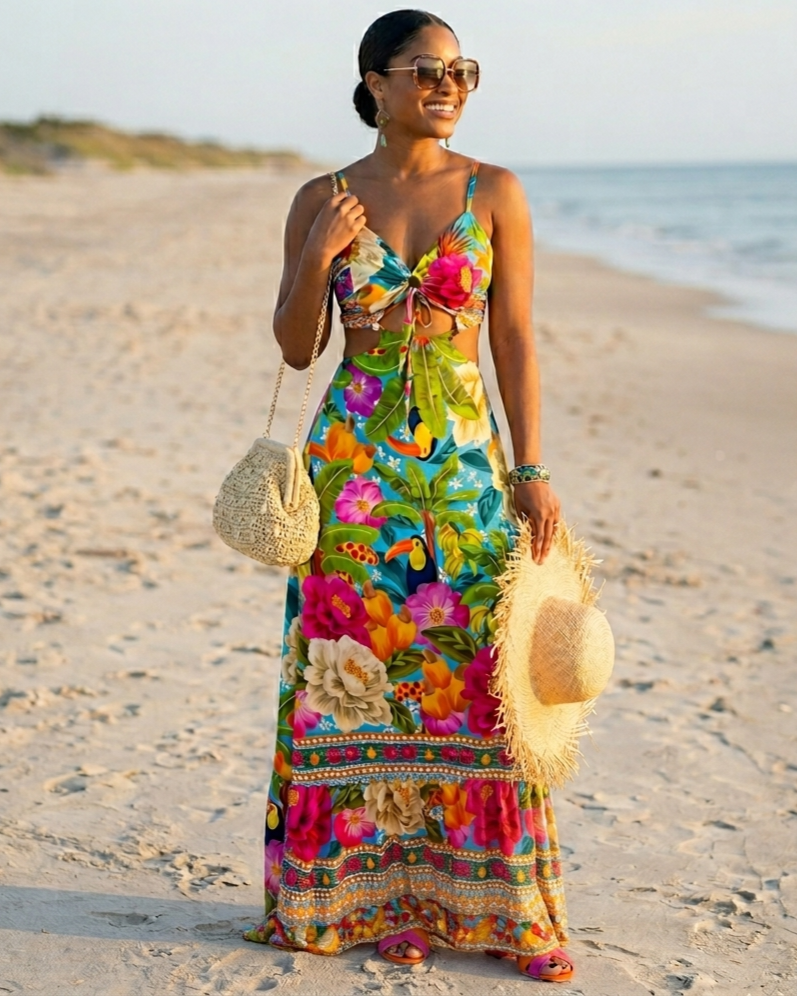 Vestido con top corto y cuello halter de estampado floral tropical