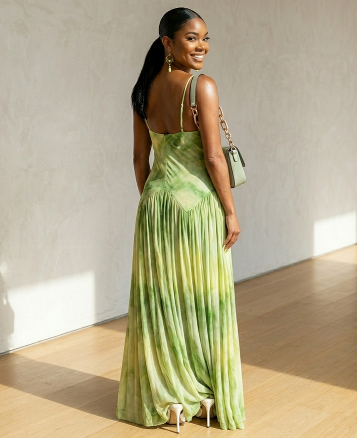 Green Blooming Printed Elegant Sling Dress Women