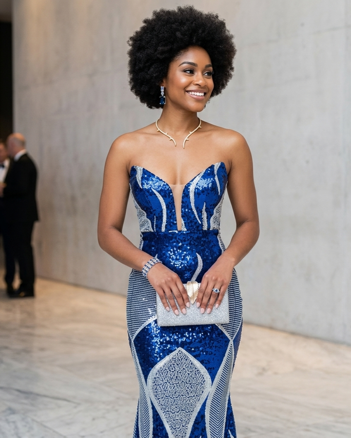 Woman in a blue and silver dress holding a clutch in an indoor setting