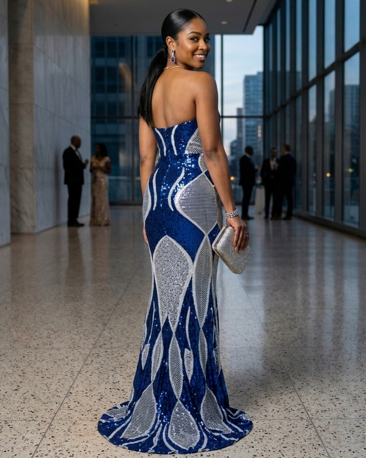 Vestido de noche palabra de honor azul rey