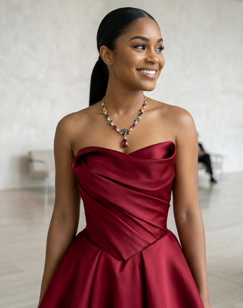 Woman wearing a red strapless dress with a necklace indoors