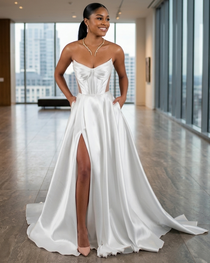 Woman in a white evening gown with a high slit standing in a modern indoor setting.