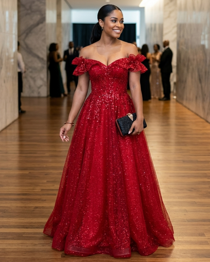Vestido de Noche Rojo sin Hombros para Mujer